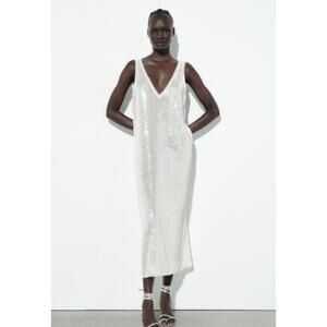 Zara Sleeveless V Neck Sequined Maxi Dress White Size XS‎